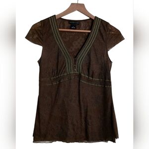 Womens Y2K Lace Babydoll Top Size Small Brown Green Trim Earthy